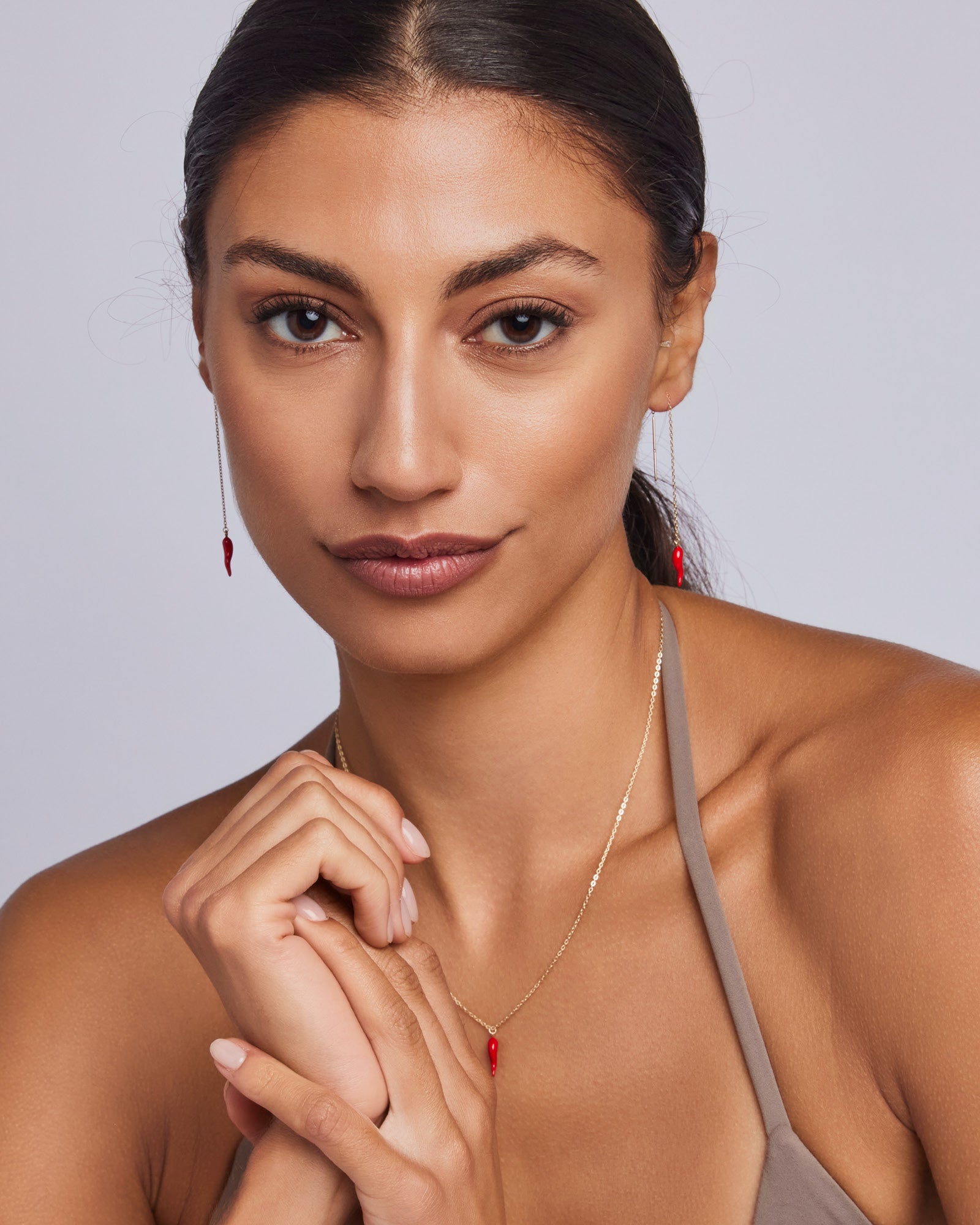 Memento 9K Gold Red Horn Threader Earrings