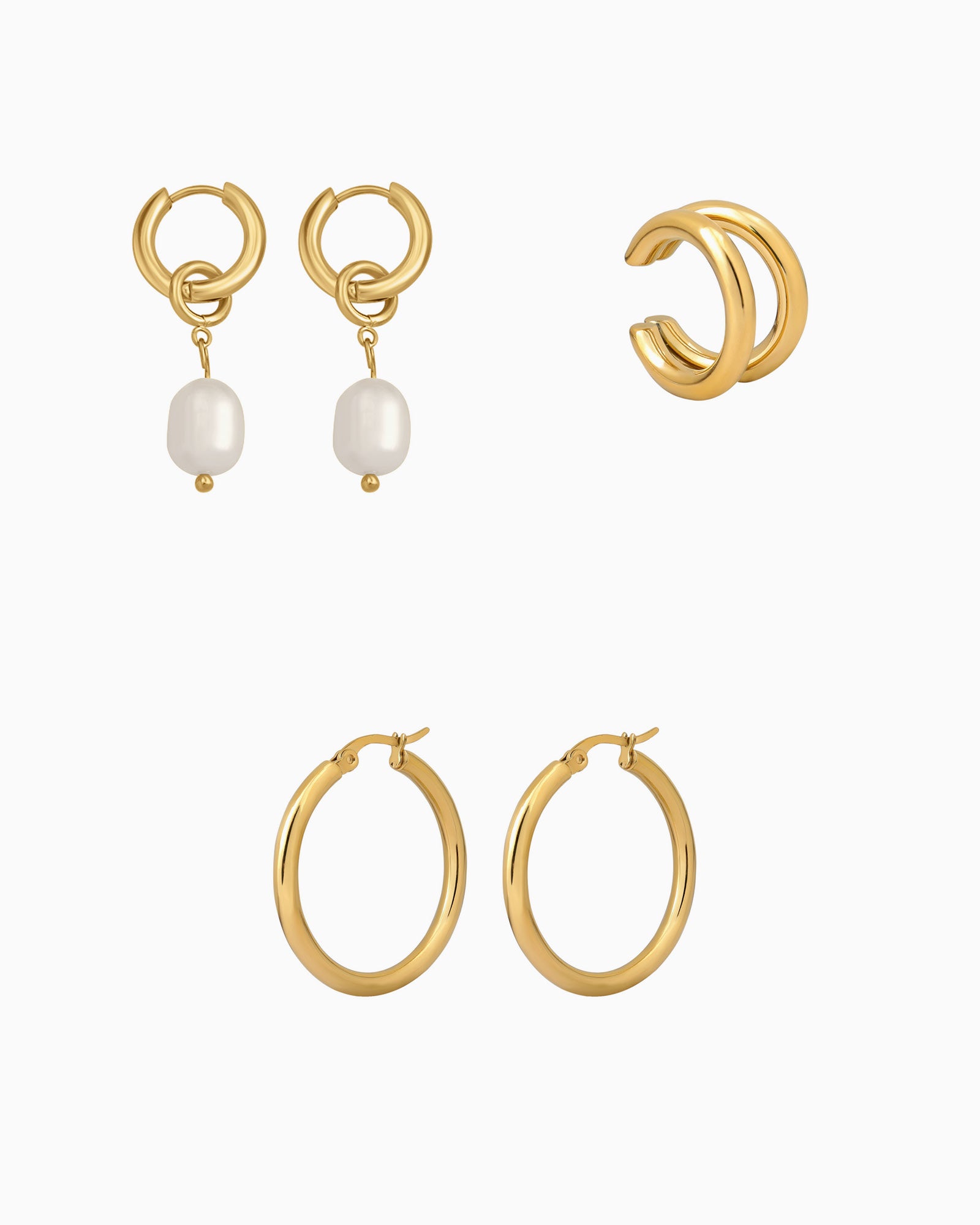 Gold Pearl Drop & Hoop Earring Set