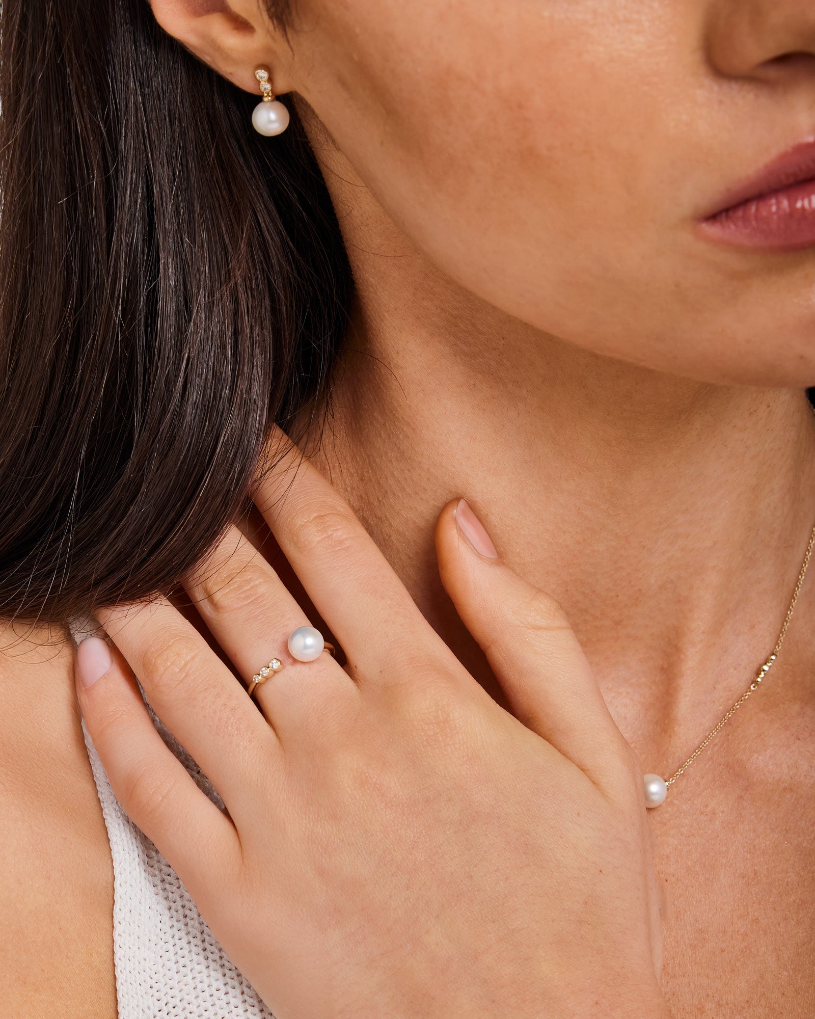 Eternal 9K Gold Lab Grown Diamond & Freshwater Pearl Open Ring styled on a model — Zoe Olivia