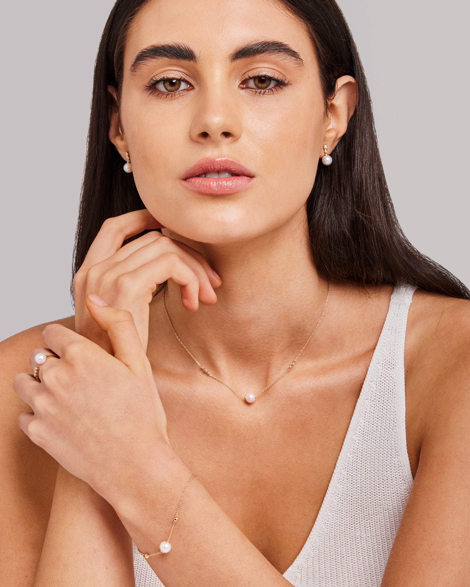Eternal 9K Gold Lab Grown Diamond & Freshwater Pearl Open Ring styled on a model, close-up detail — Zoe Olivia
