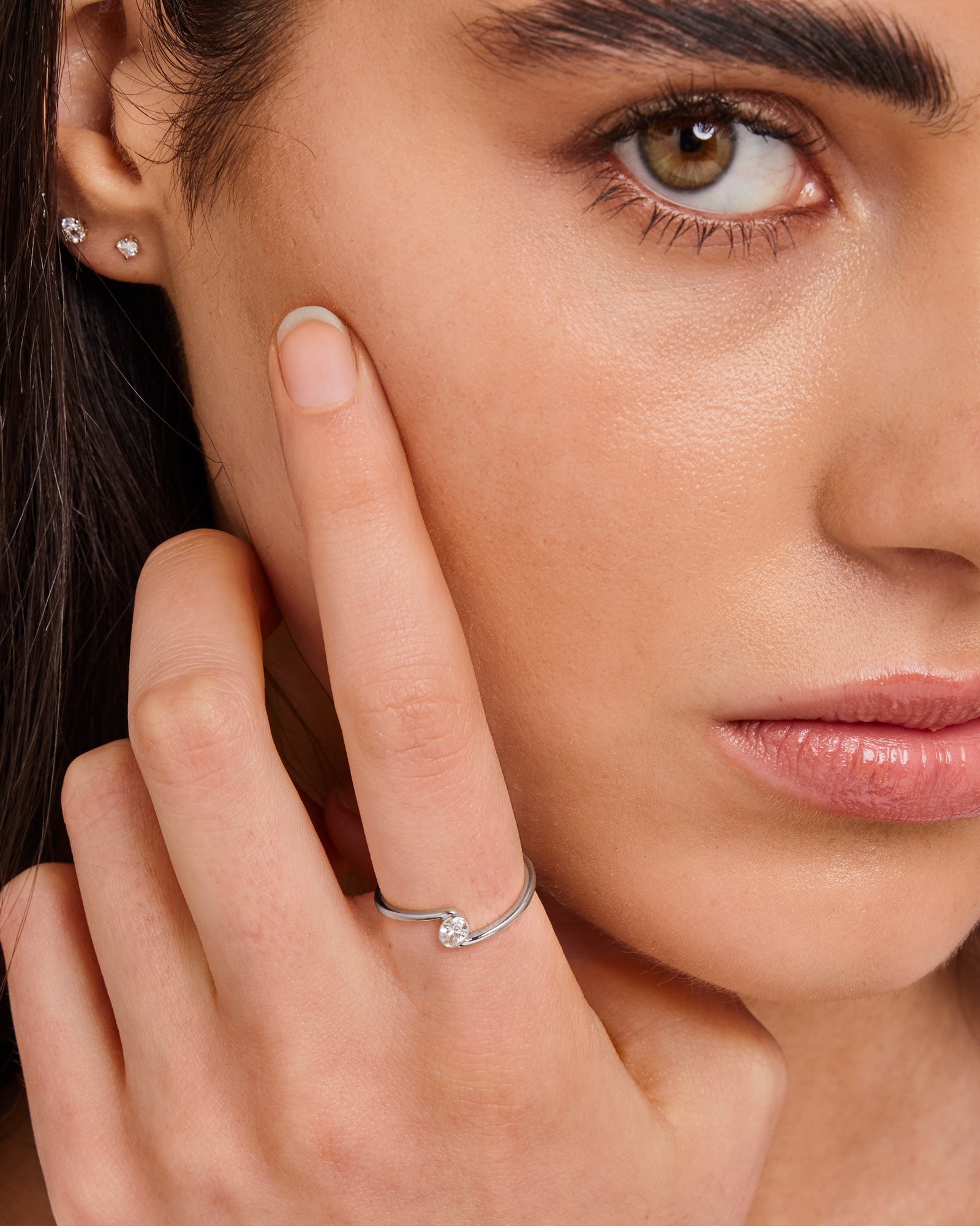 Radiance 9K White Gold Offset Oval Lab Grown Diamond Ring styled on a model — Zoe Olivia