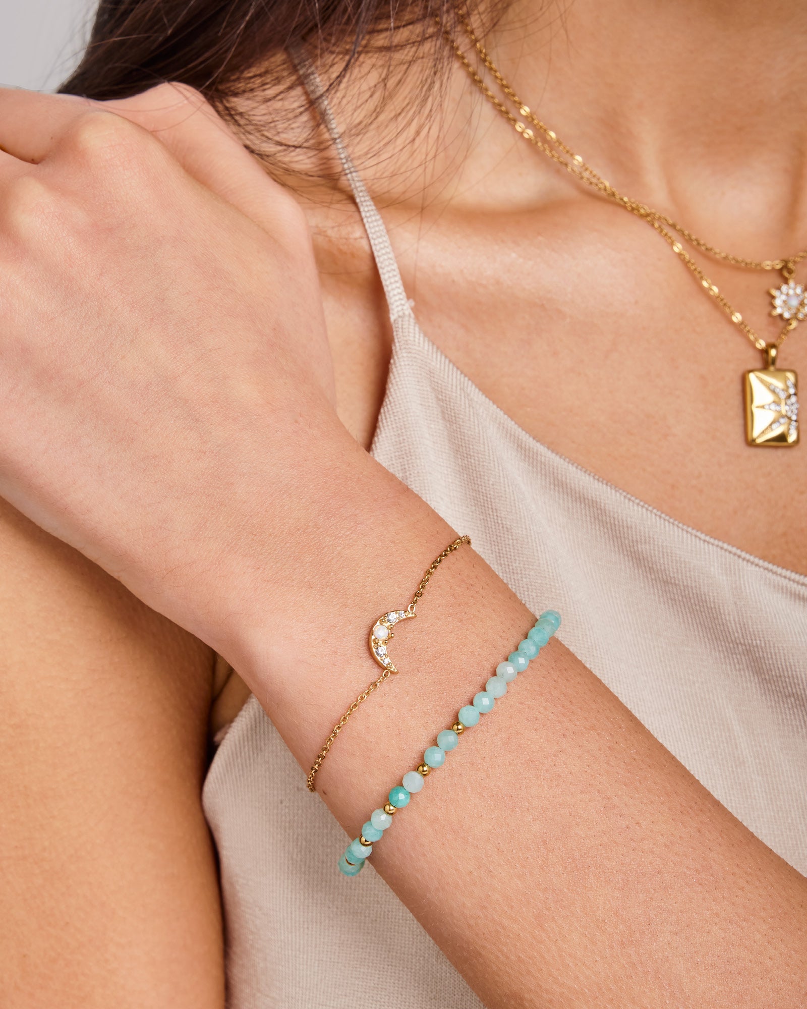 Solara Moonstone & Amazonite Gold Beaded Bracelet Set