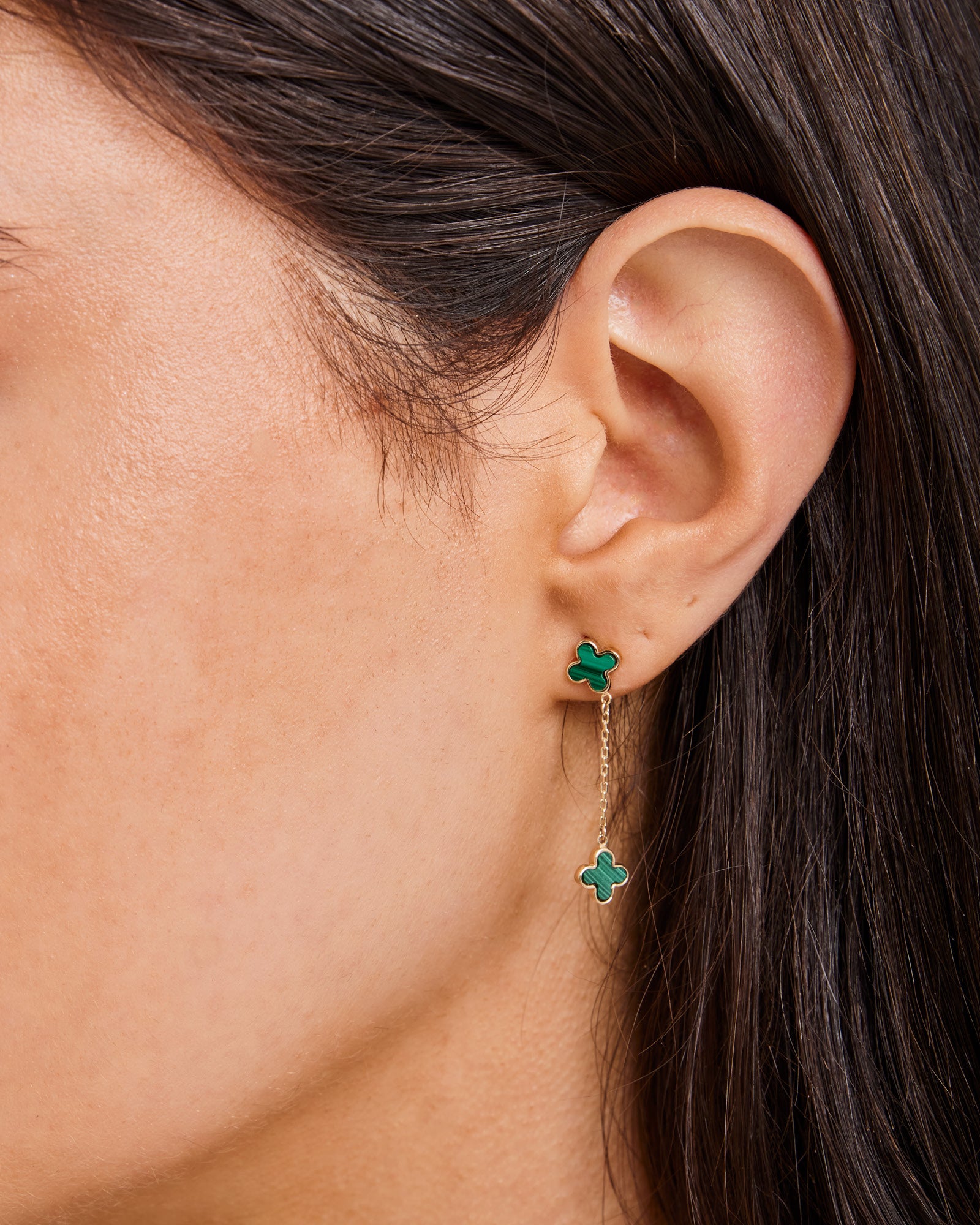 Linea 9K Gold Malachite Petal Chain Drop Stud Earrings