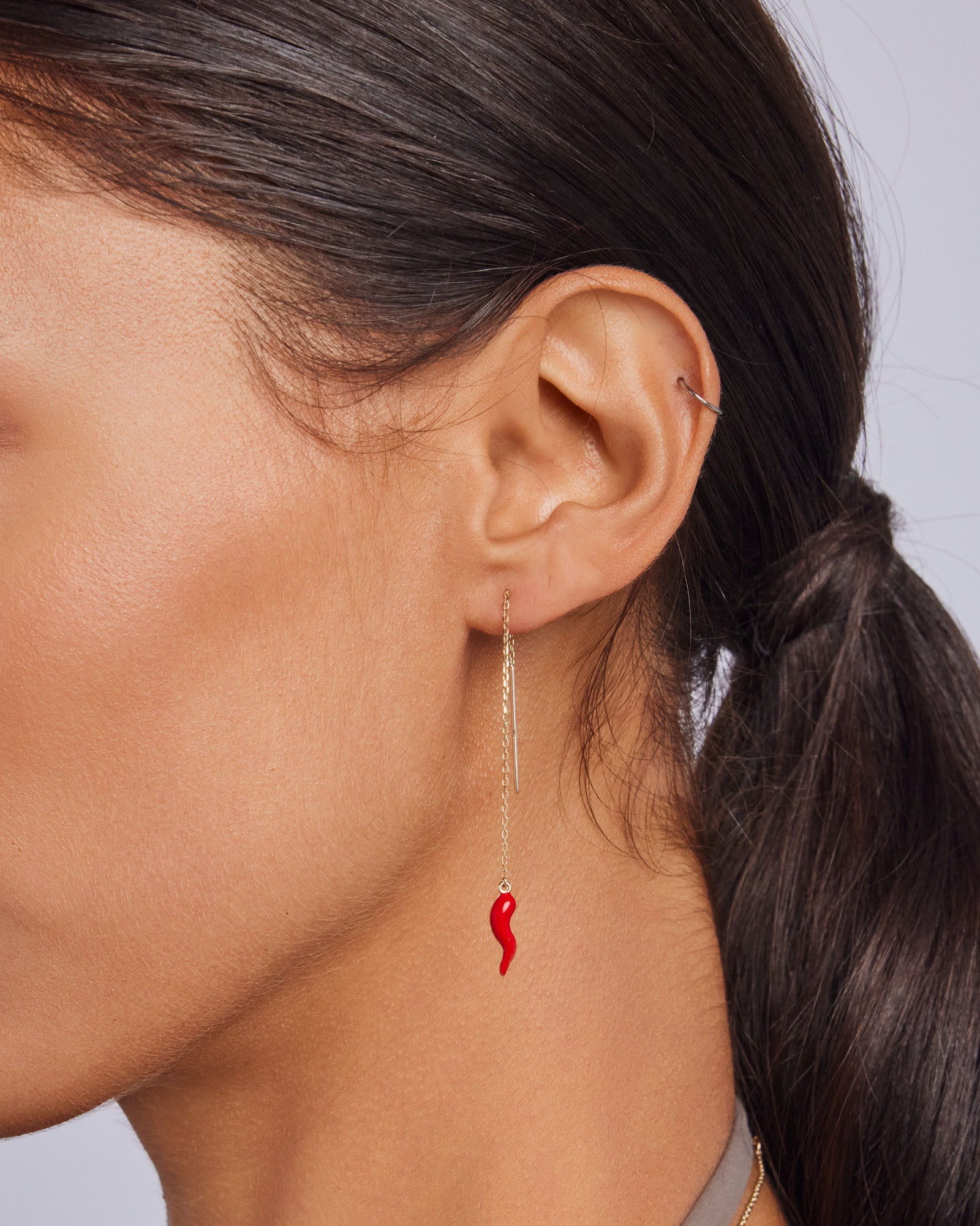 Memento 9K Gold Red Horn Threader Earrings