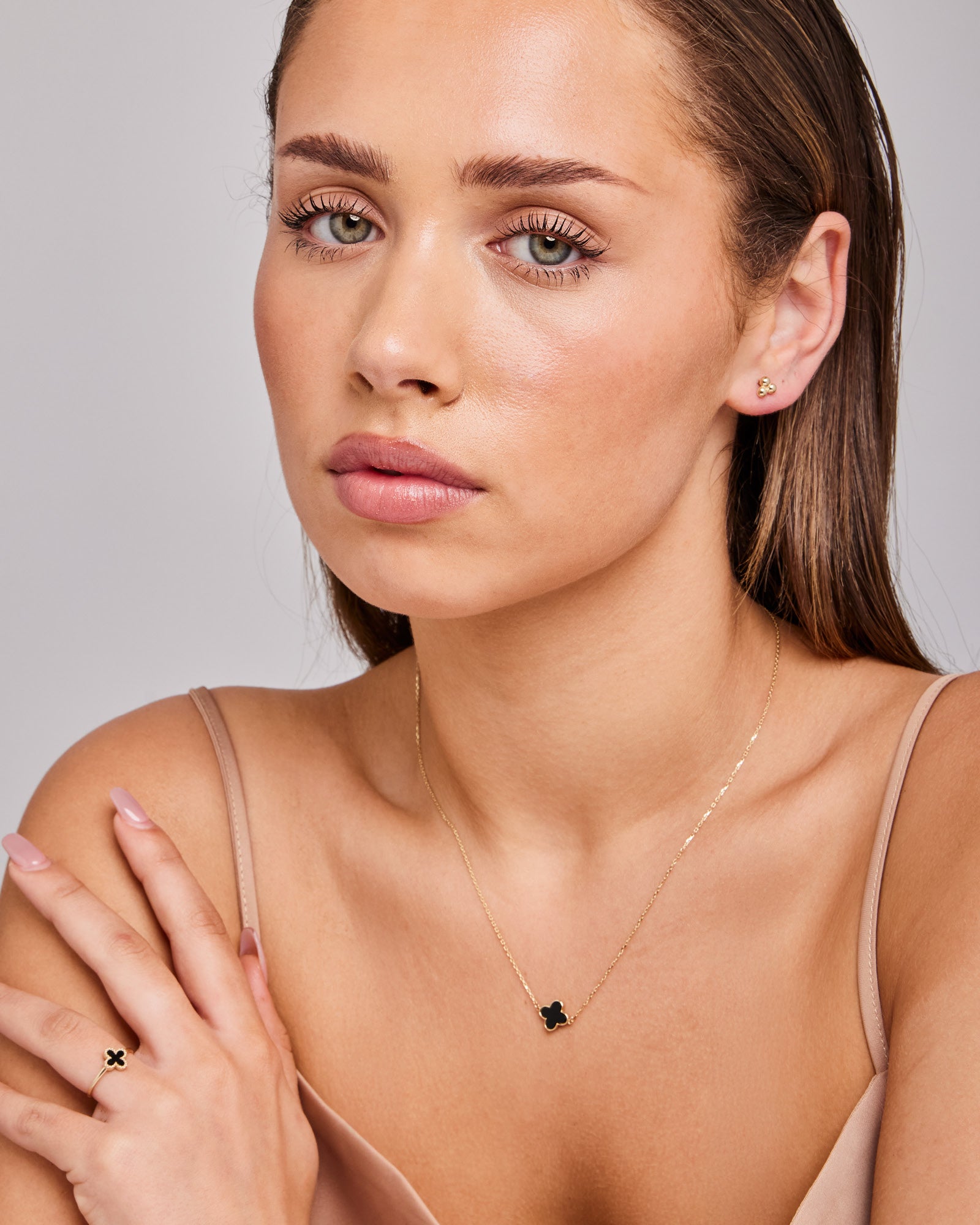 Alina 9K Gold Black Onyx Clover Necklace 45cm