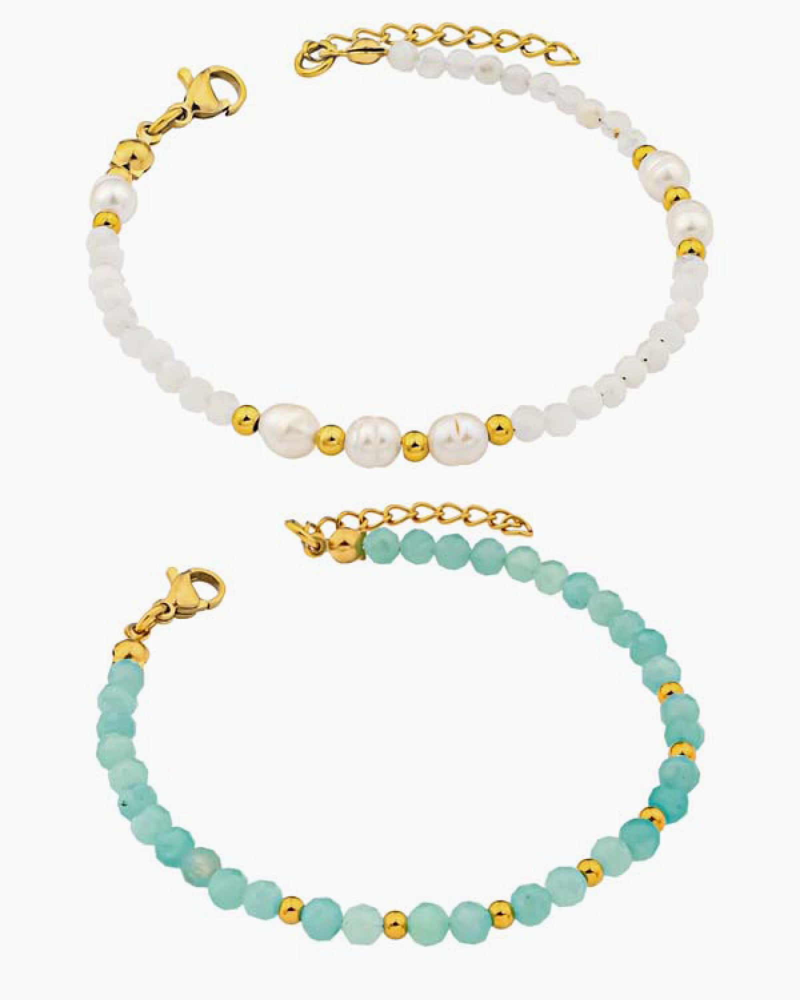 Solara Moonstone & Amazonite Gold Beaded Bracelet Set