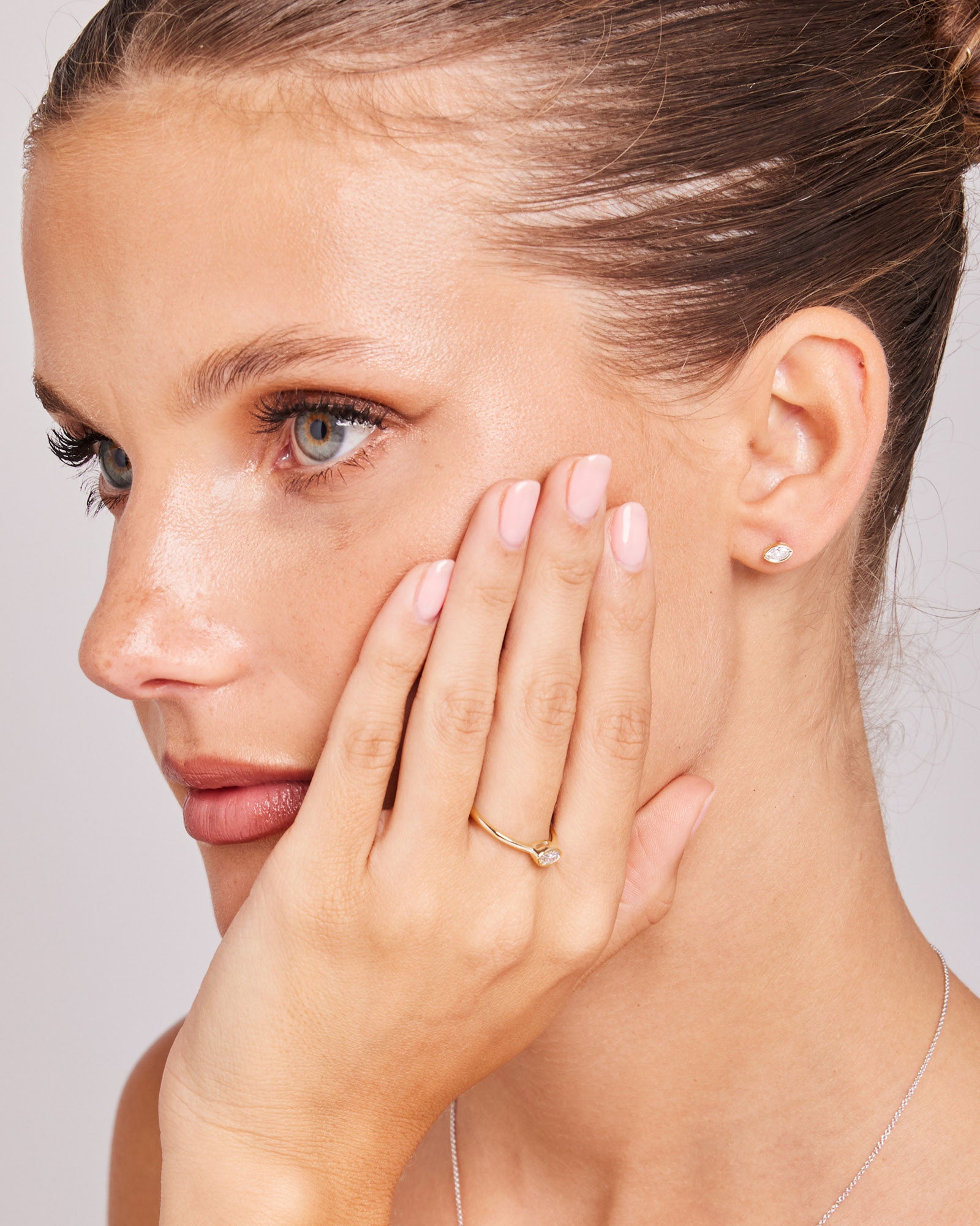 Radiance 9K Gold Lab Grown Diamond Studs styled on a model, close-up detail — Zoe Olivia