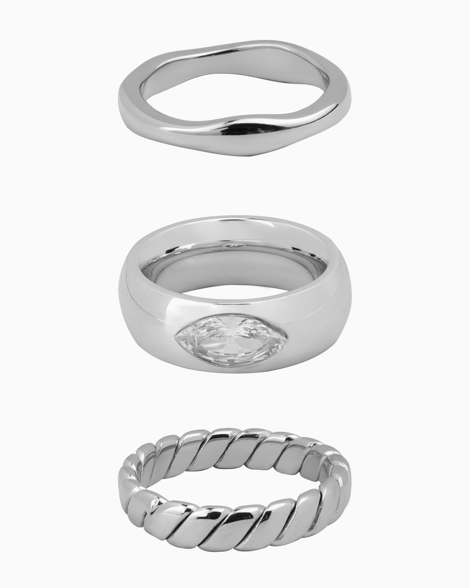 Silver Cubic Zirconia Dome & Texture Ring Set