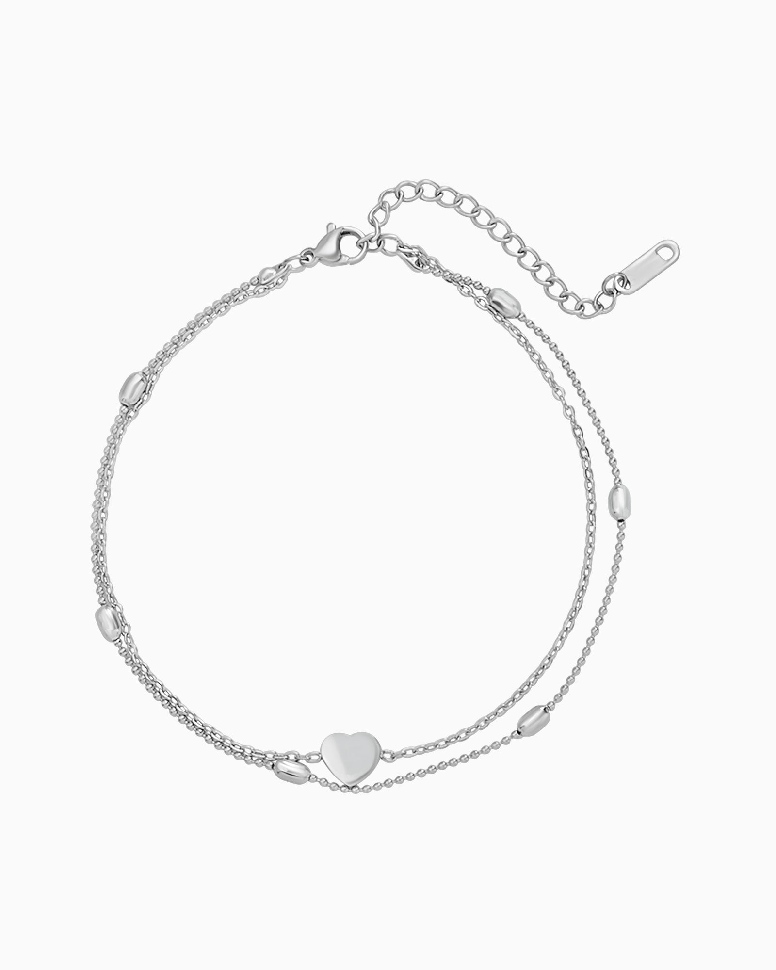 Essentials Heart & Bead Double Chain Anklet Silver