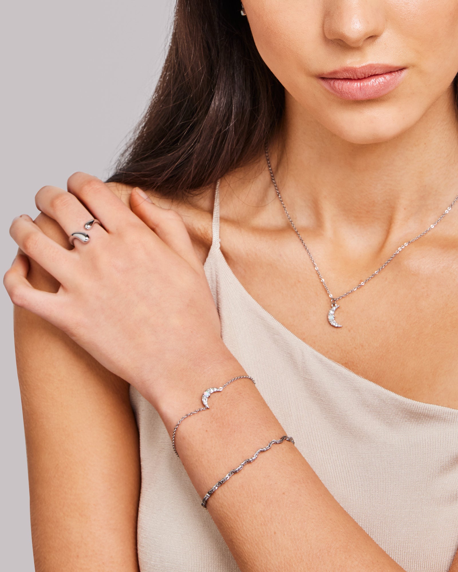 Iridescent Opal and Cubic Zirconia Moon Bracelet in Silver | Zoe Olivia Jewellery Australia
