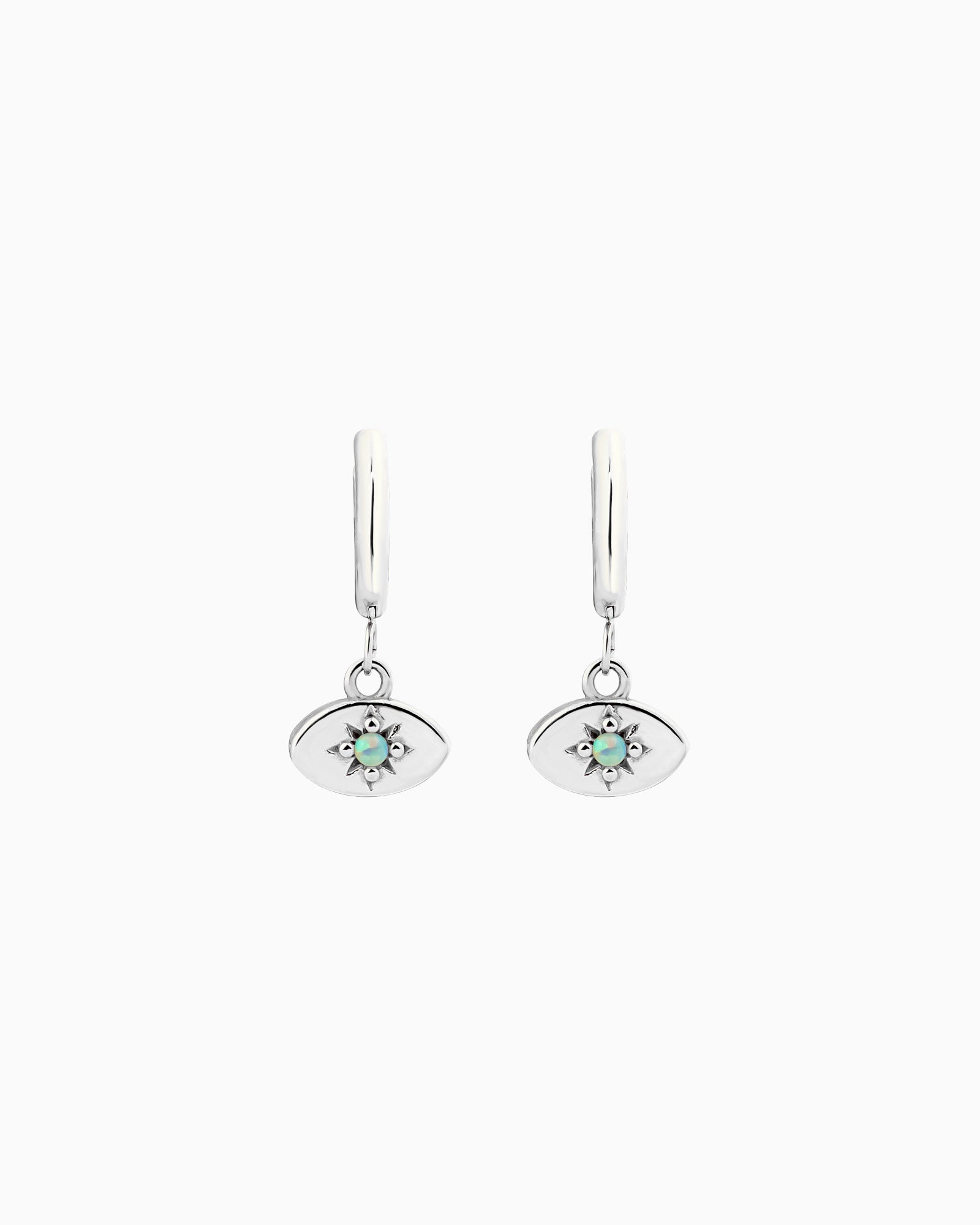 Iridescent Opal Evil Eye Huggies in Silver | Zoe Olivia Jewellery Australia