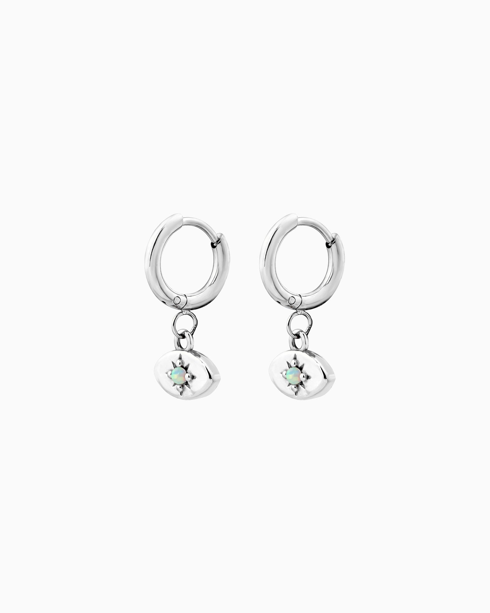 Iridescent Opal Evil Eye Huggies in Silver | Zoe Olivia Jewellery Australia