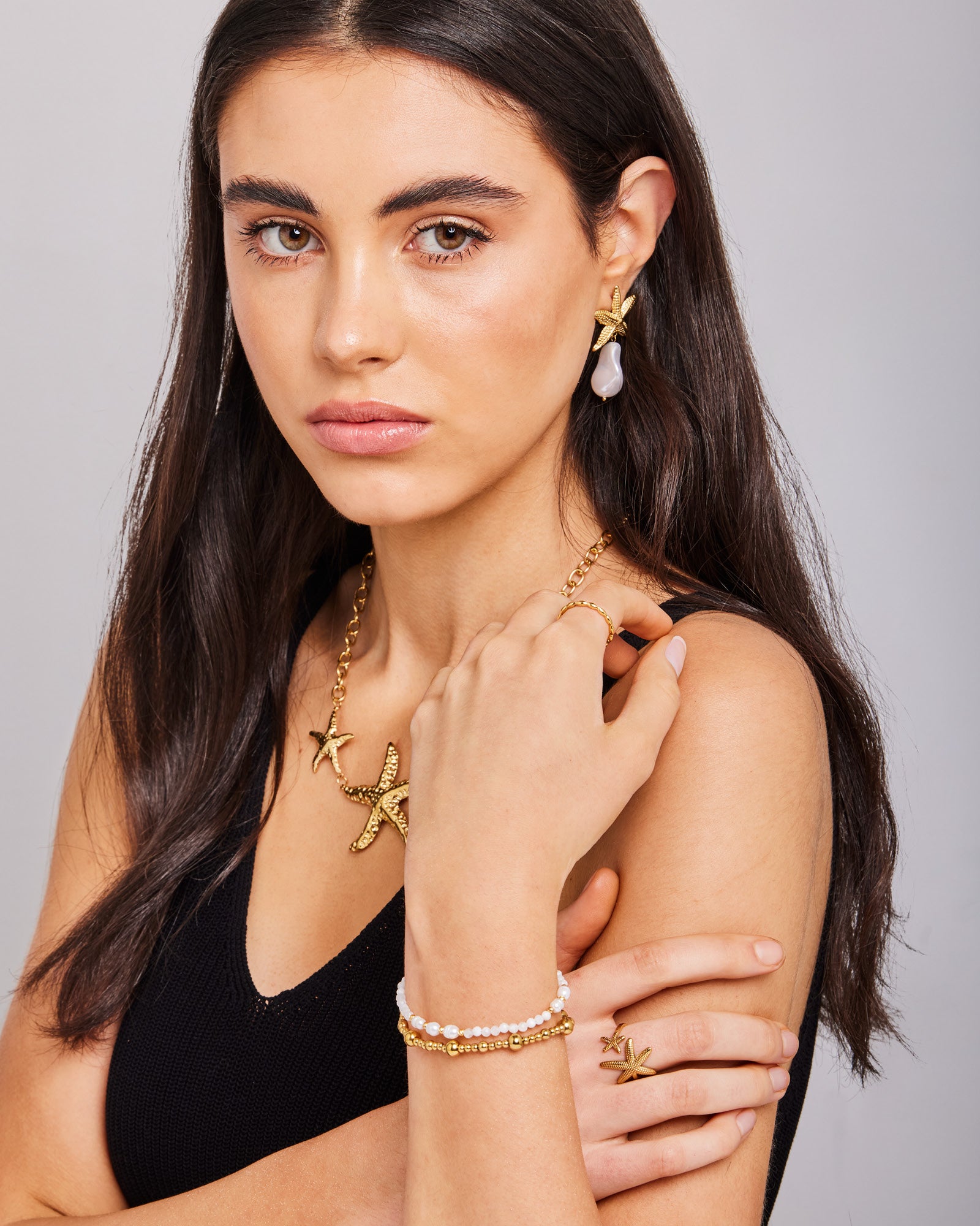 Solara Textured Starfish and Pearl Drop Stud Earrings | Zoe Olivia Jewellery Australia
