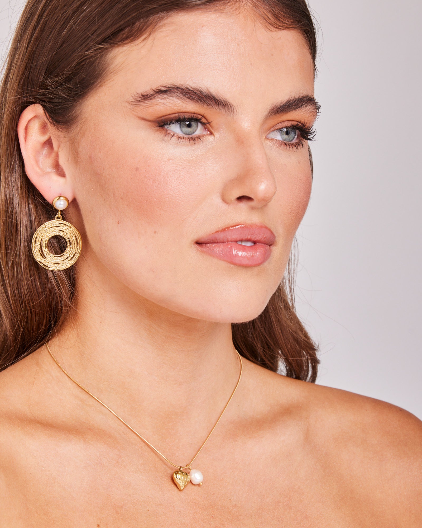 Opaline Pearl & Gold Essentials Jewellery Set styled on a model, close-up detail — Zoe Olivia