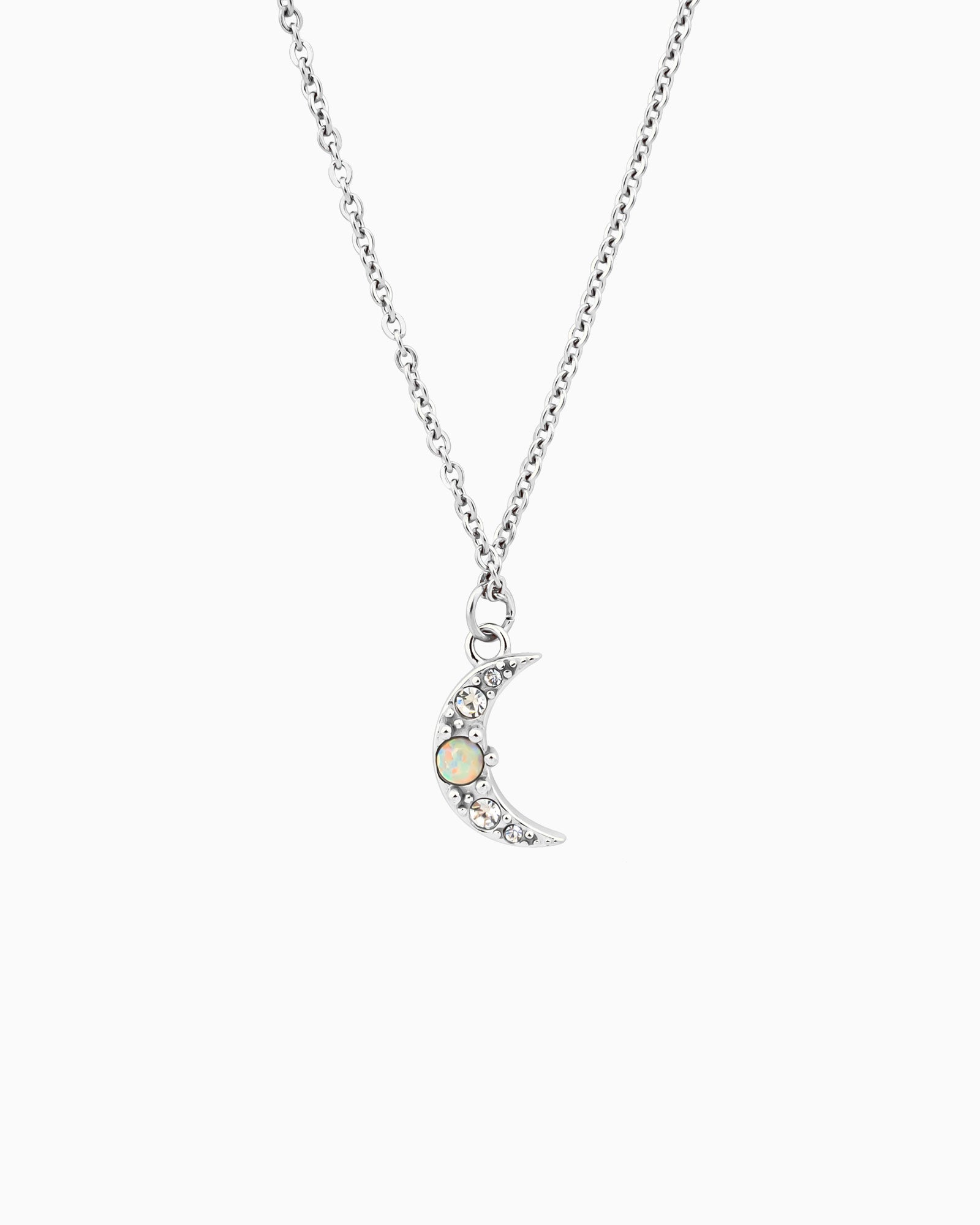 Iridescent Opal and Cubic Zirconia Moon Necklace in Silver | Zoe Olivia Jewellery Australia