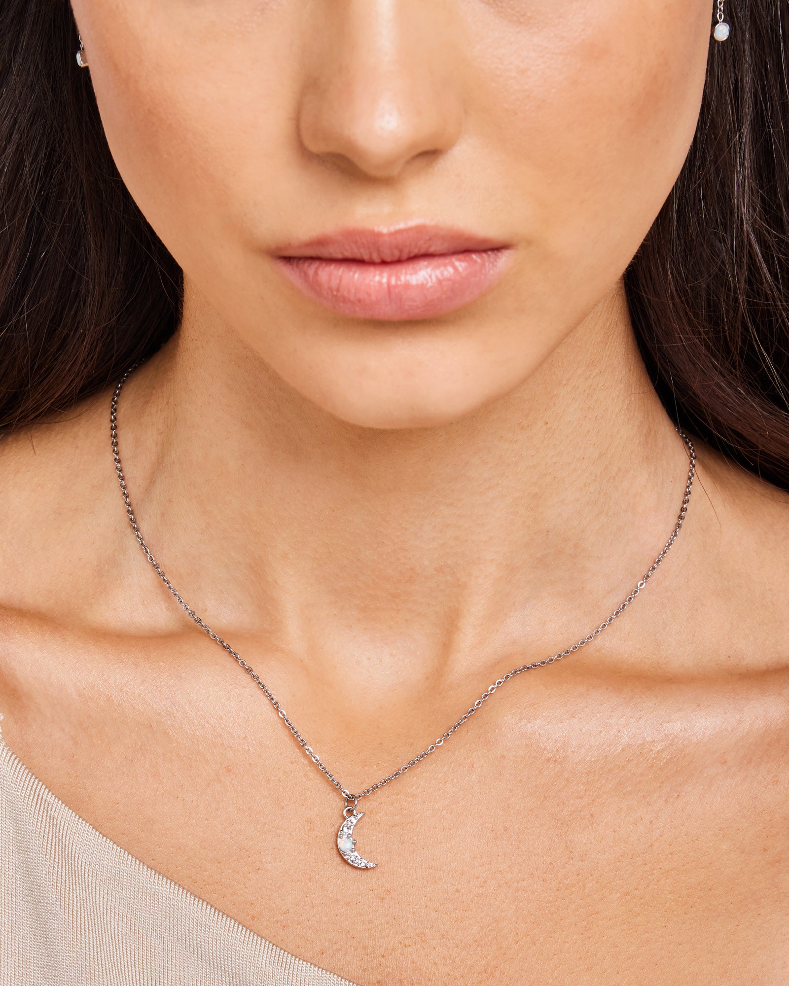 Iridescent Opal and Cubic Zirconia Moon Necklace in Silver | Zoe Olivia Jewellery Australia