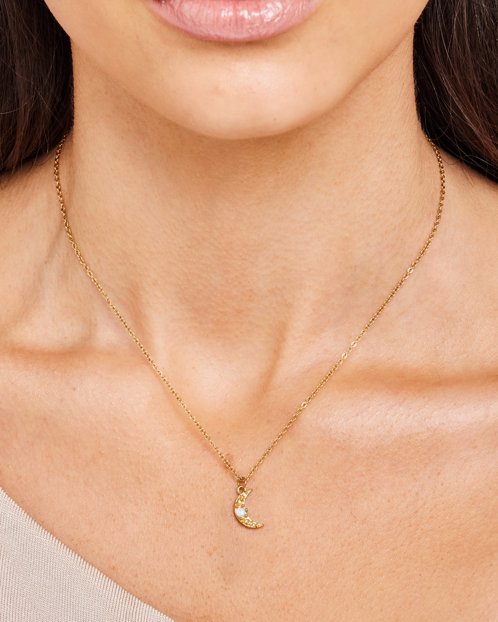 Iridescent Opal and Cubic Zirconia Moon Necklace in Gold | Zoe Olivia Jewellery Australia