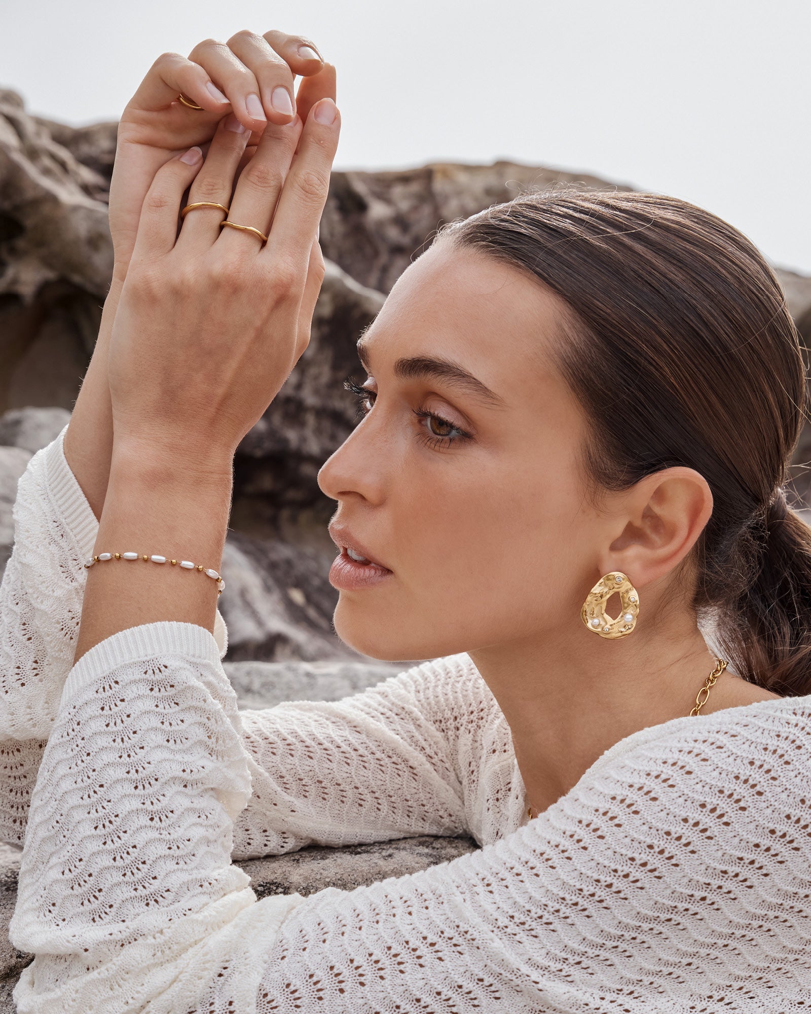 Opaline Open Centre Pearl Hammered Stud Earrings