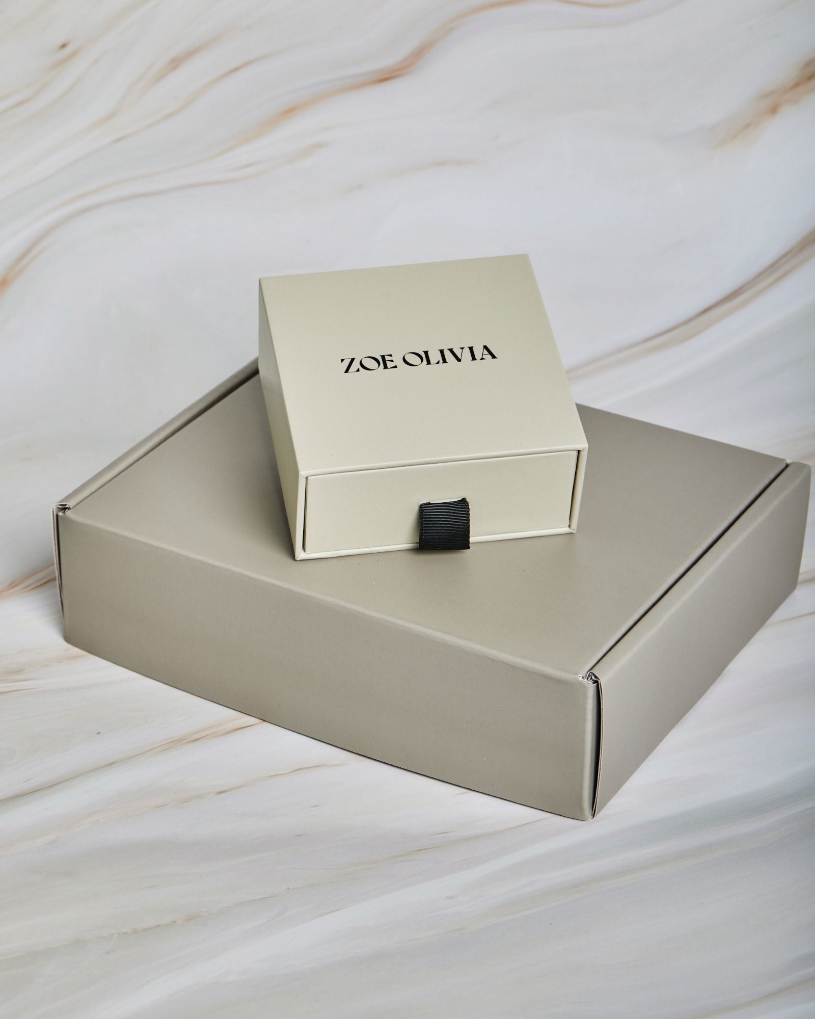 Zoe Olivia jewellery gift box packaging with ribbon pull on branded mailer box